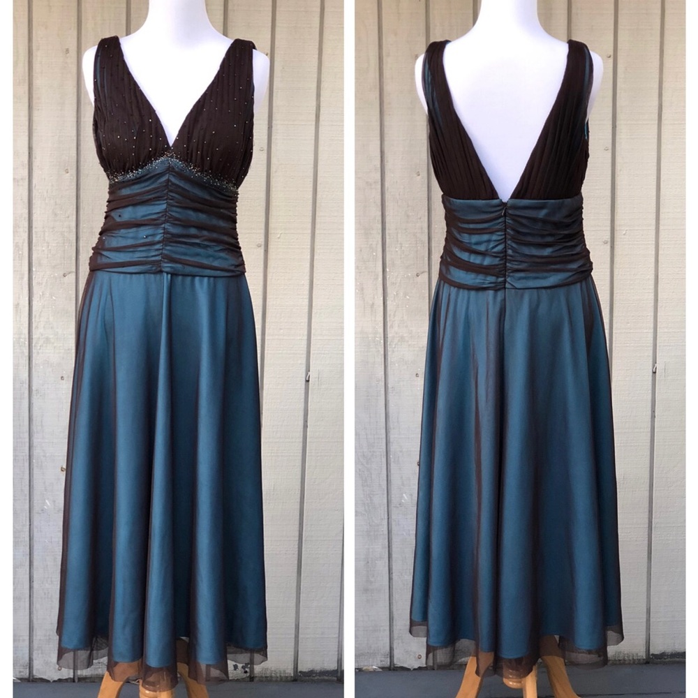 Y2K JS Boutique Beaded Mesh Ruched Pleated Blue Black Evening Maxi Dress size 10
